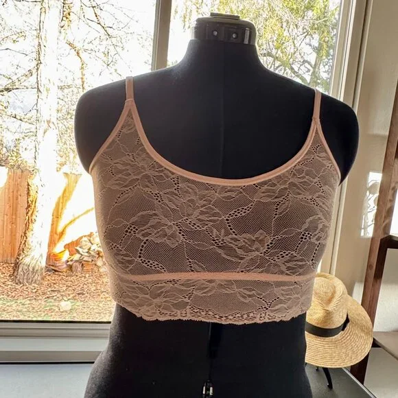 Etam Nude Lace Bralette Women’s Size L Floral Sheer Stretch Longline Crop Top - Picture 1 of 5